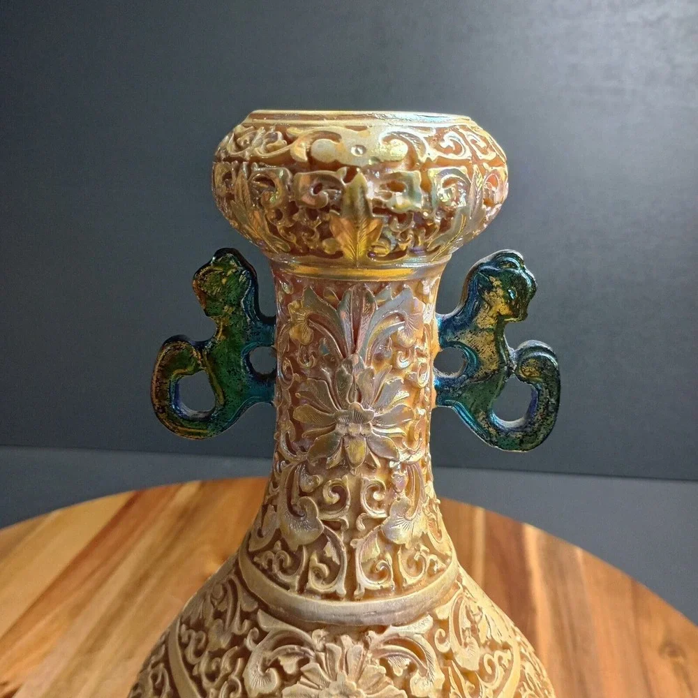 Vintage Antique Carved Resin Vase Asian Japanese Chinese Satsuma Style 12